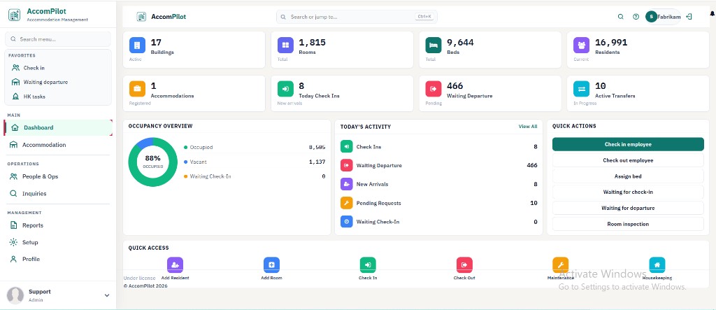 AccomPilot live dashboard showing buildings, rooms, beds, occupancy, and operations